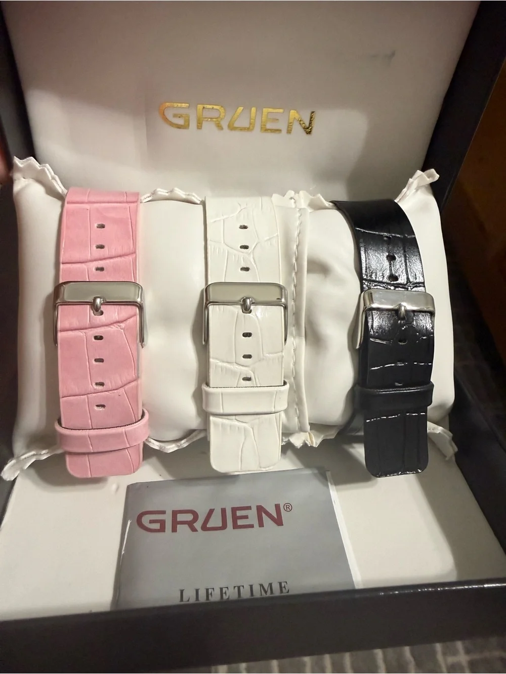 Gruen Women's Pink Crystal Accent Leather Watch with Interchangeable Bands NEW